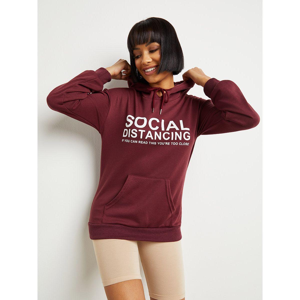Styli Social Distancing Slogan Print Long Sleeves Hoodie-women-clothing-hoodiesandsweatshirts-hoodies-image-1