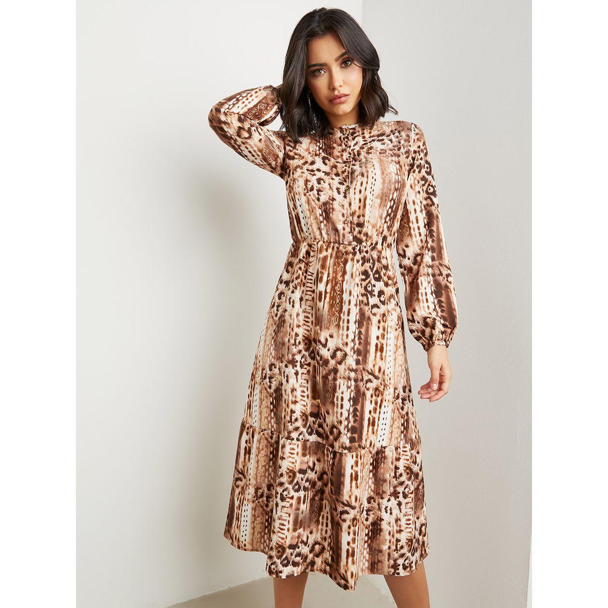 فستان ميدي مطبوع بكشكش-women-clothing-dresses-image-1