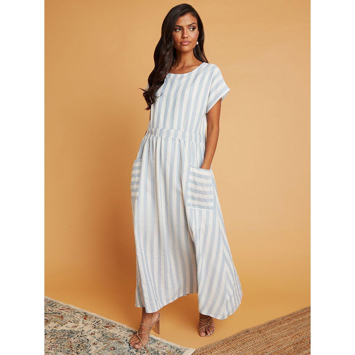 Styli Striped Round Neck Maxi Dress with Pocket Detail-women-clothing-dresses-image-1