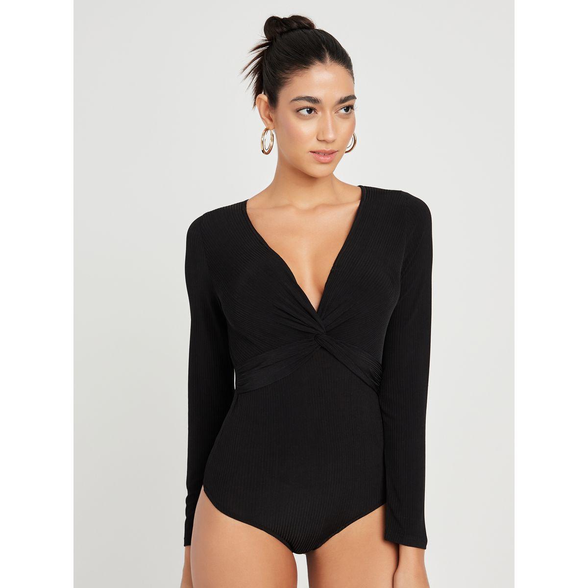 Styli Long Sleeves  V Neck Knot Detail Ribbed Fitted Bodysuit-women-clothing-tshirts-image-1