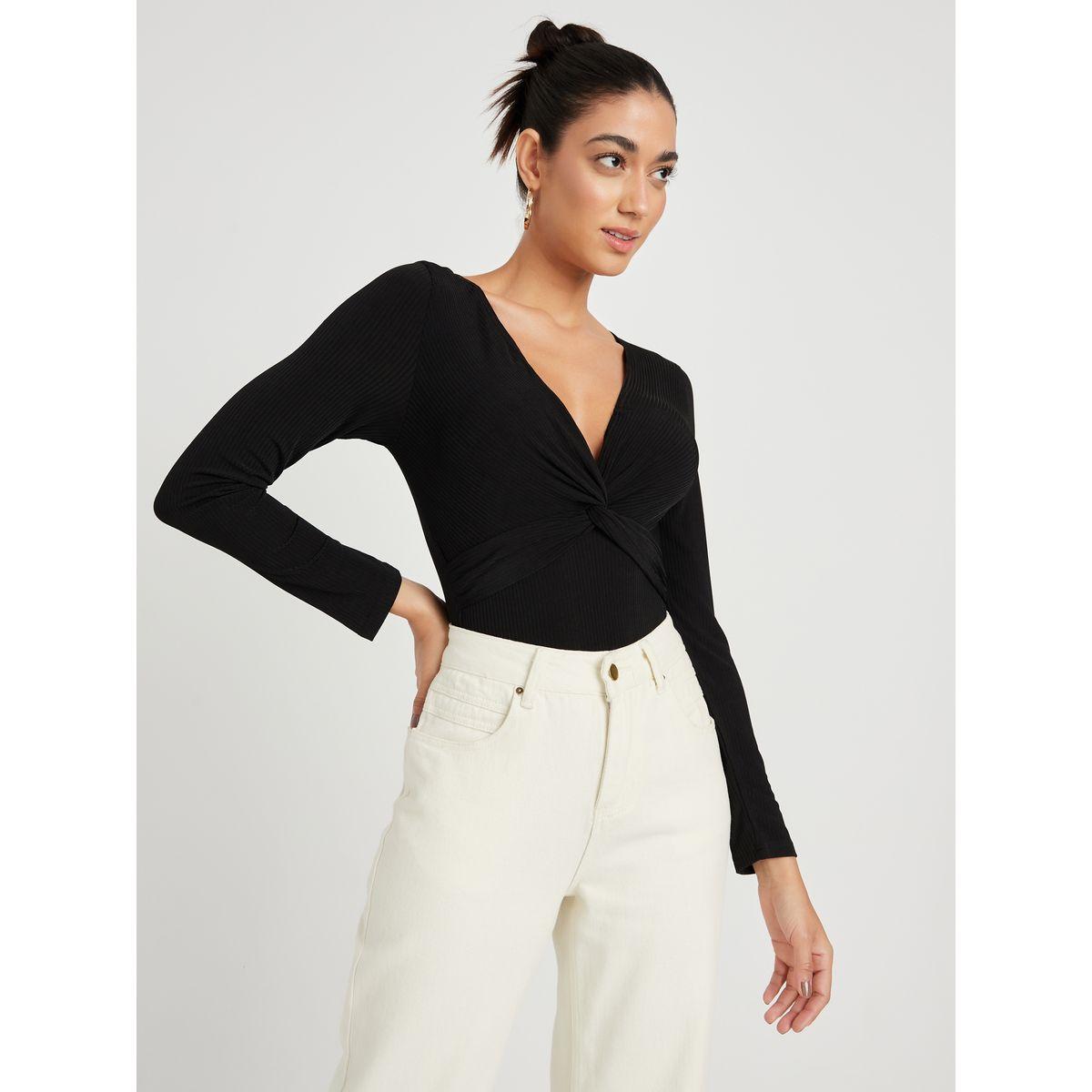Styli Long Sleeves  V Neck Knot Detail Ribbed Fitted Bodysuit-women-clothing-tshirts-image-3