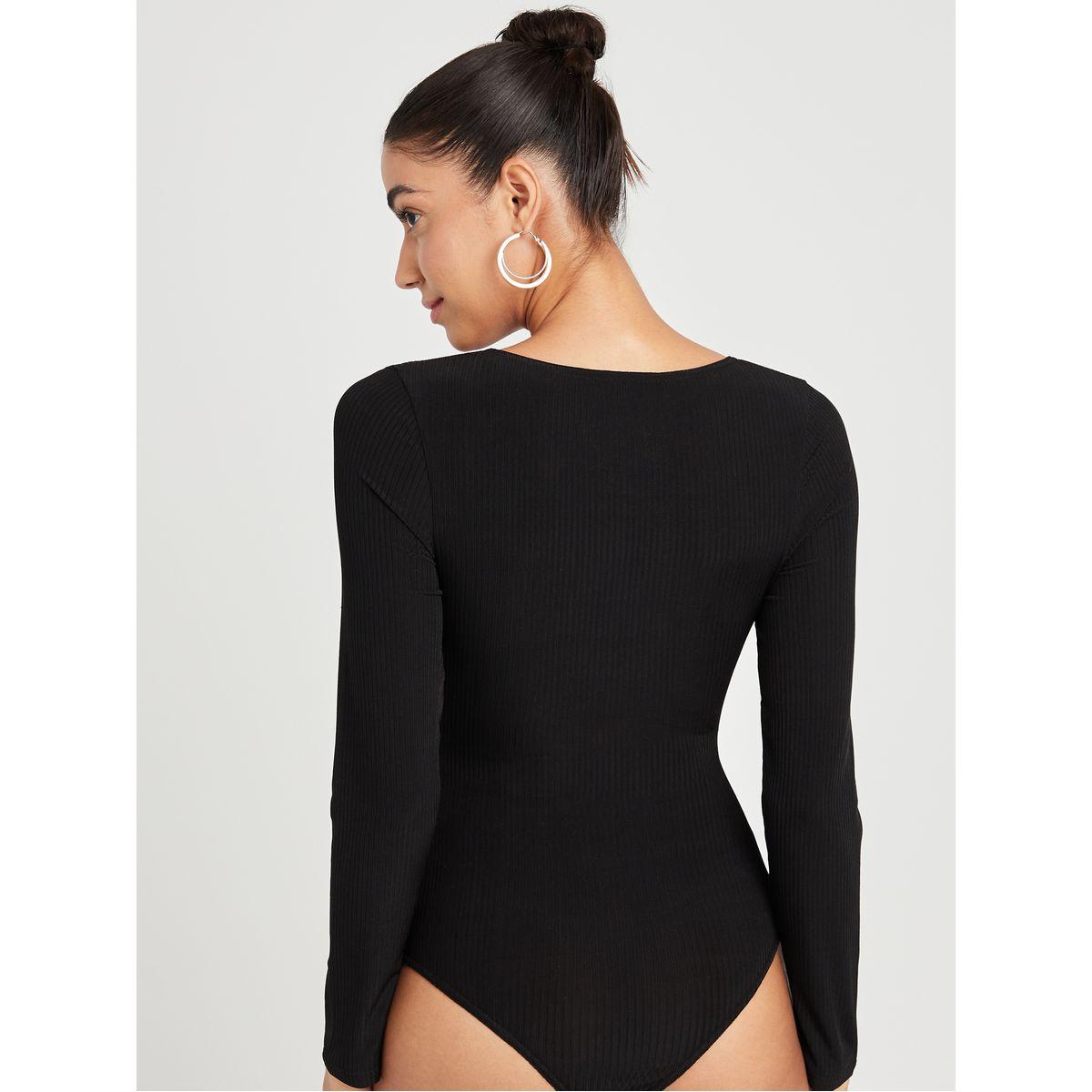 Styli Long Sleeves  V Neck Knot Detail Ribbed Fitted Bodysuit-women-clothing-tshirts-image-5