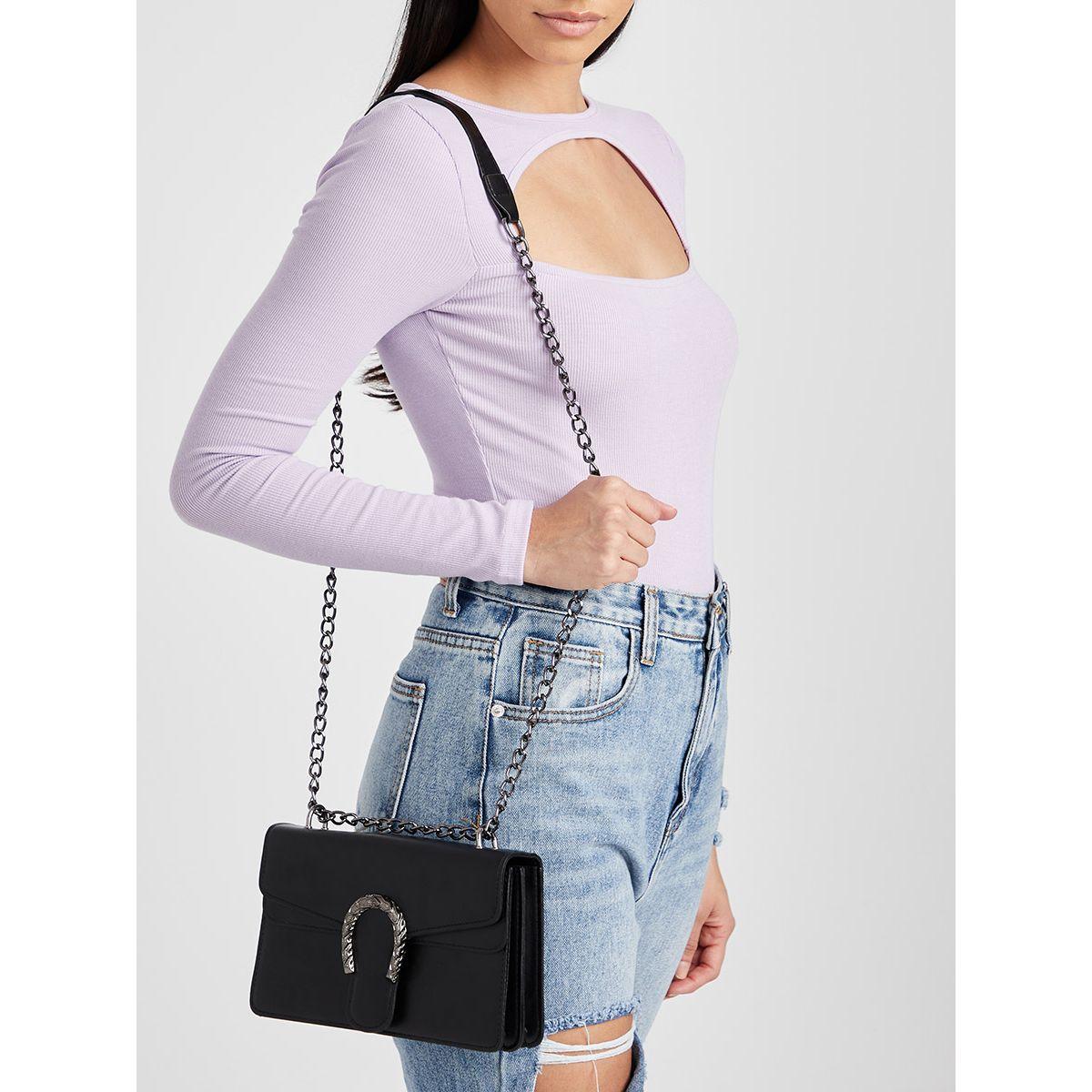 Styli Textured Buckle Flap Shoulder Bag with Chain Strap-women-bagsandwallets-handbags-image-2