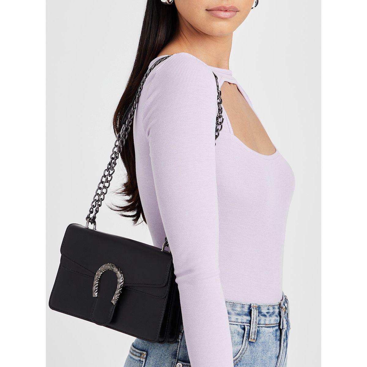 Styli Textured Buckle Flap Shoulder Bag with Chain Strap-women-bagsandwallets-handbags-image-3