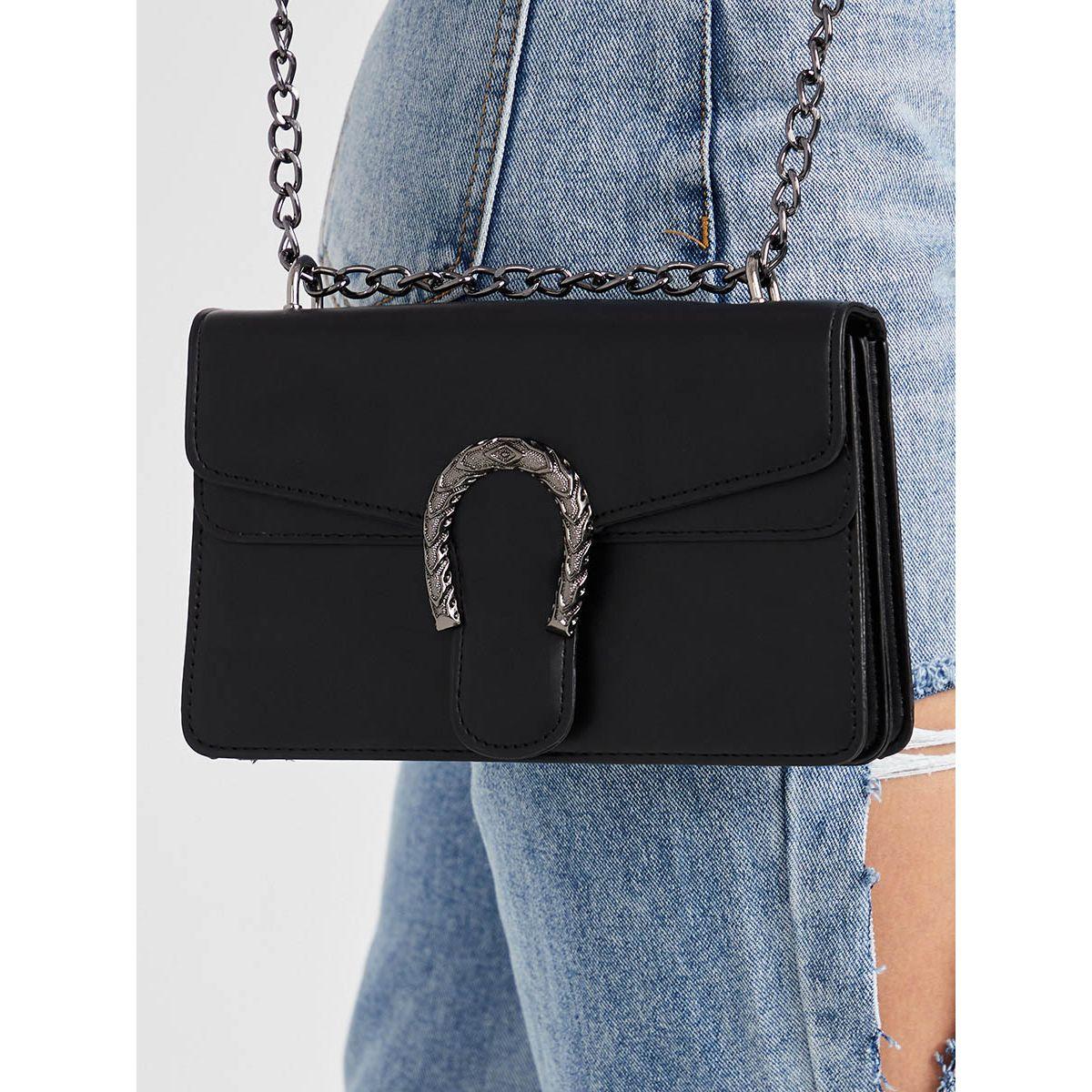 Styli Textured Buckle Flap Shoulder Bag with Chain Strap-women-bagsandwallets-handbags-image-4