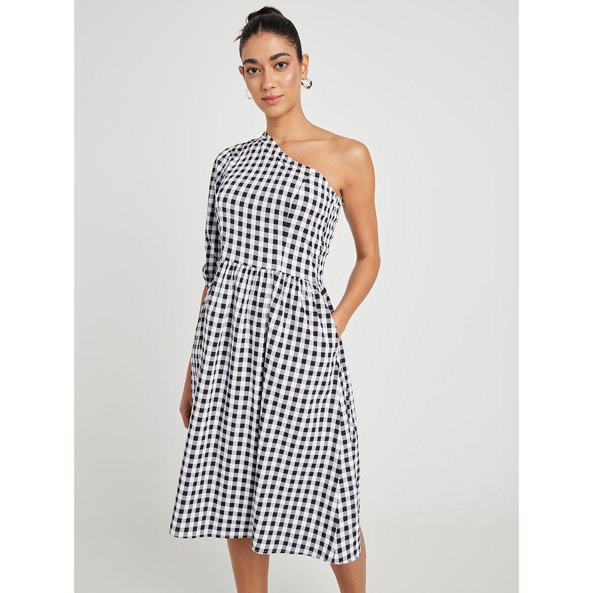Styli One Shoulder 3/4 Sleeves Gingham Check Midi Dress-women-clothing-dresses-image-1