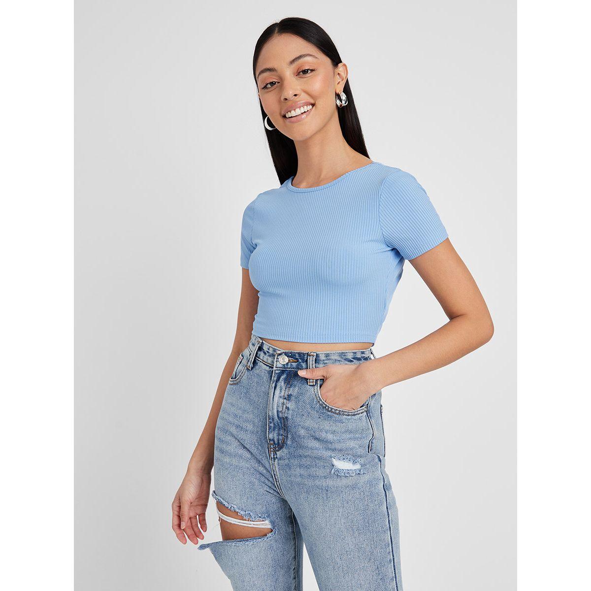 بلوزة بتفاصيل مضلعة واكمام قصيرة-women-clothing-tshirts-image-3