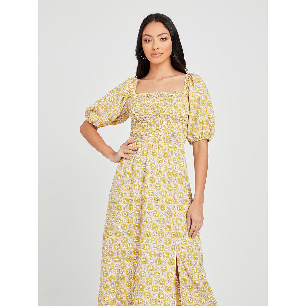 Styli Floral Print Puff Sleeves Shirred Yoke A-Line Maxi Dress with Slit Hem-women-clothing-dresses-image-2
