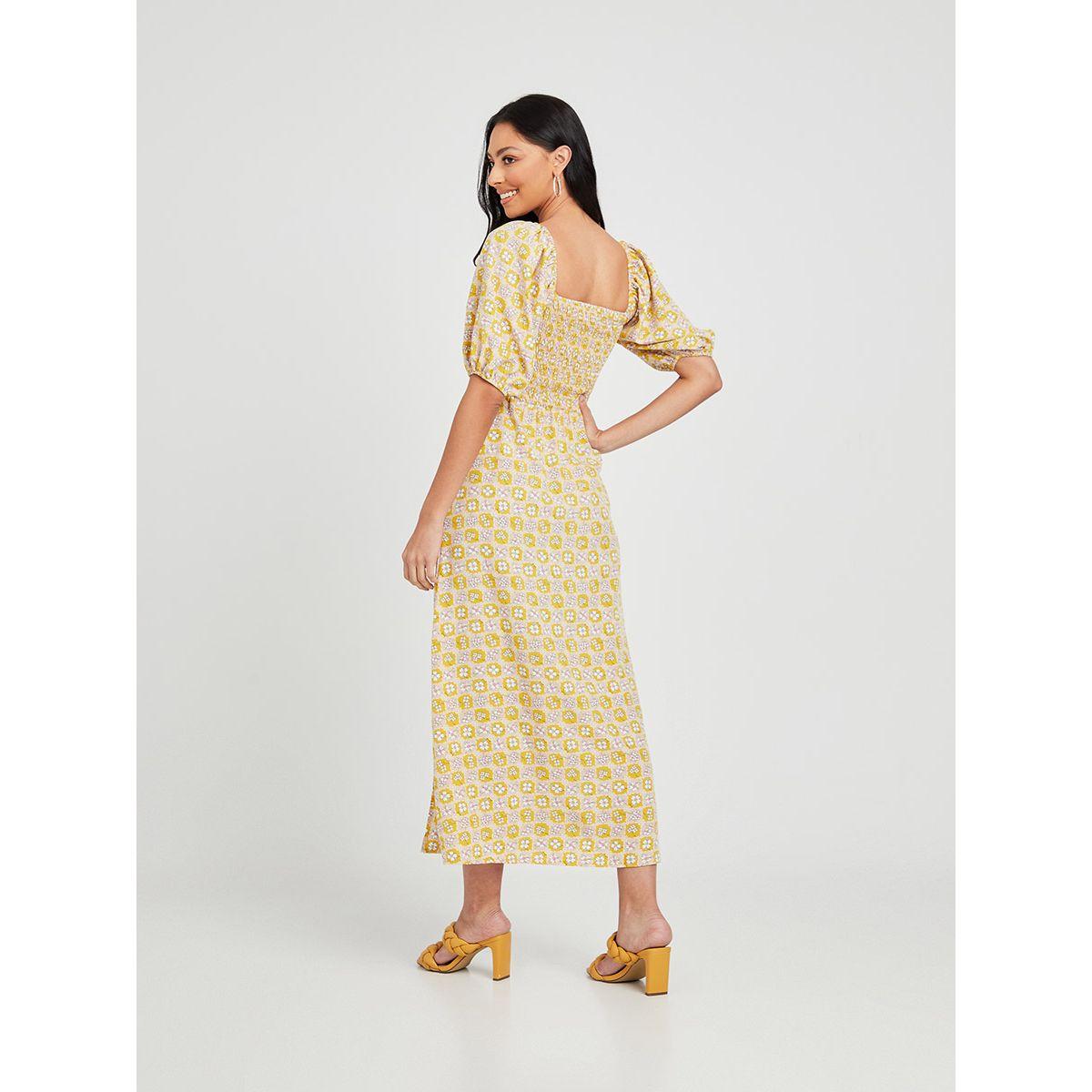Styli Floral Print Puff Sleeves Shirred Yoke A-Line Maxi Dress with Slit Hem-women-clothing-dresses-image-4