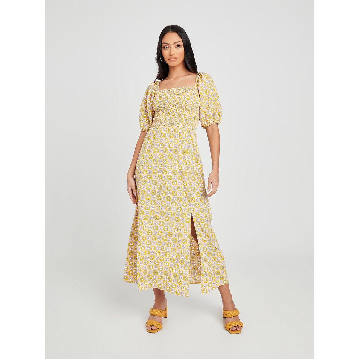 Styli Floral Print Puff Sleeves Shirred Yoke A-Line Maxi Dress with Slit Hem-women-clothing-dresses-image-5