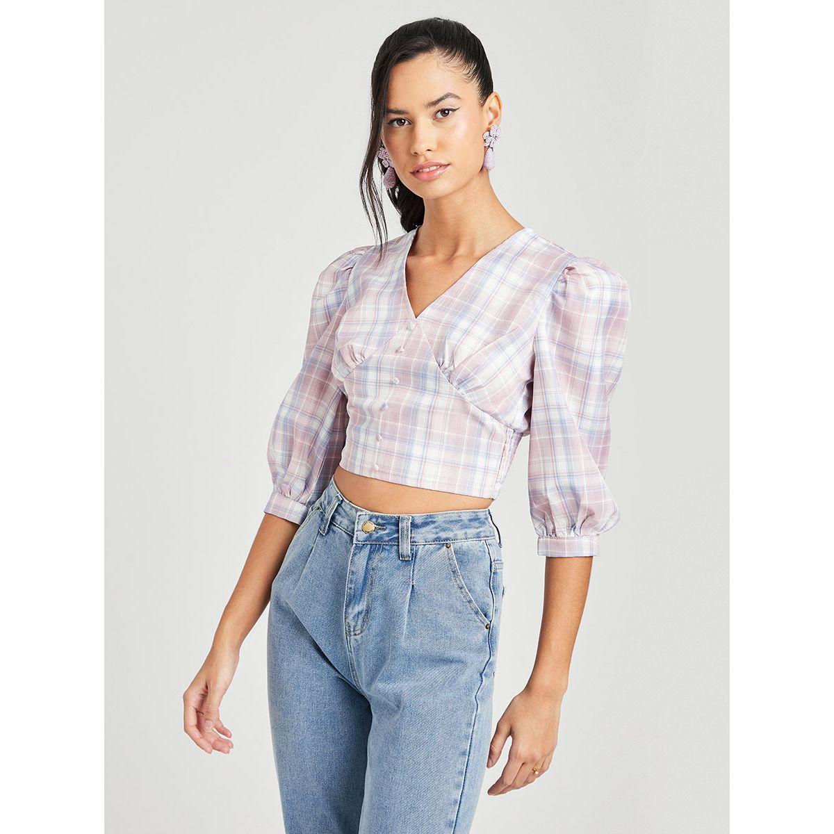 Styli 3/4 Balloon Sleeves Plaid Woven Crop Blouse-women-clothing-shirtsandblouses-blouses-image-1