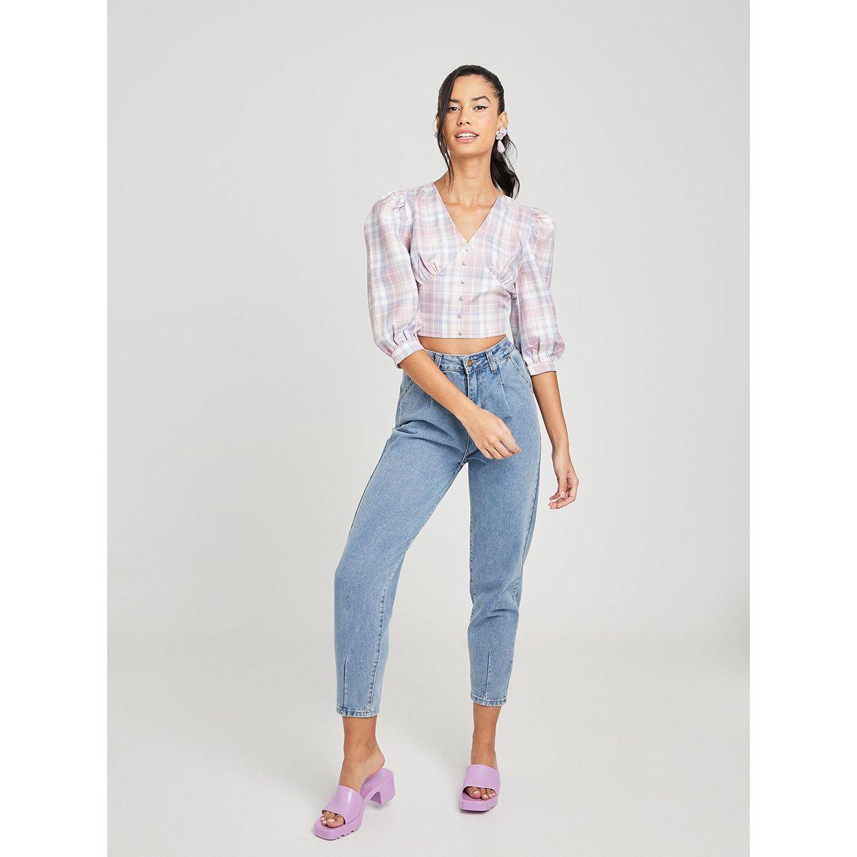 Styli 3/4 Balloon Sleeves Plaid Woven Crop Blouse-women-clothing-shirtsandblouses-blouses-image-2