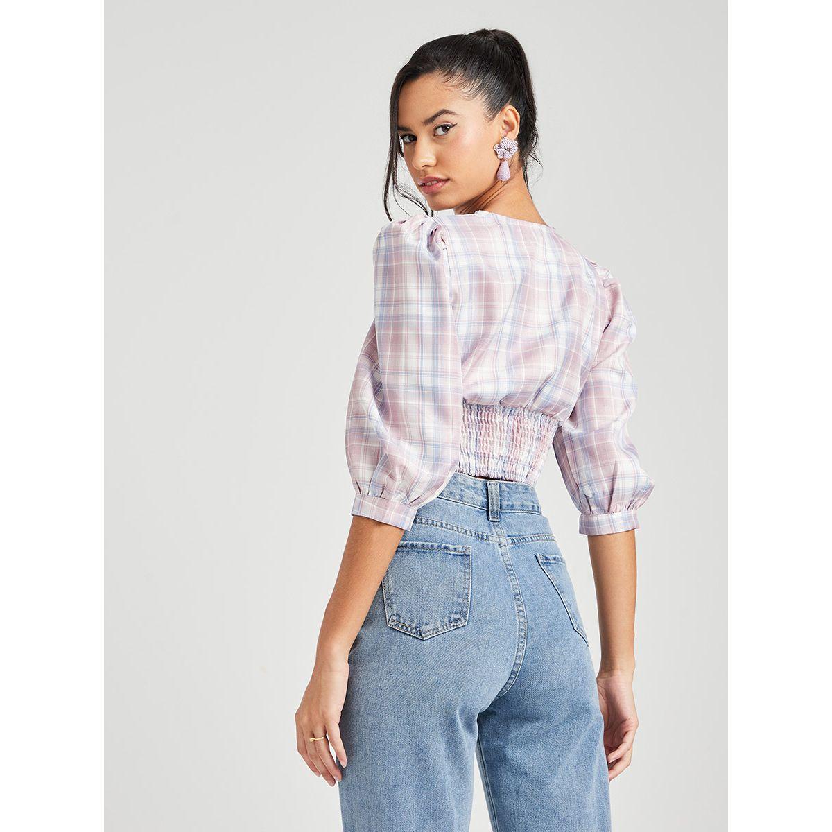 Styli 3/4 Balloon Sleeves Plaid Woven Crop Blouse-women-clothing-shirtsandblouses-blouses-image-4