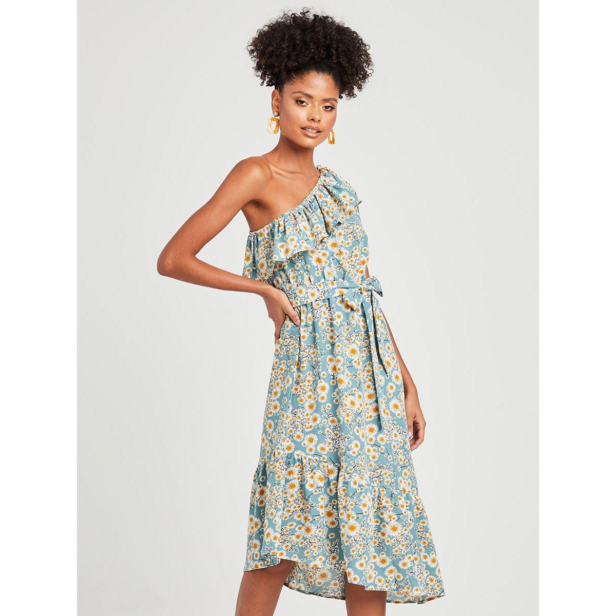 Styli One Shoulder Asymmetric Hem Ditsy Print Midi Dress with Tie Belt-women-clothing-dresses-image-1