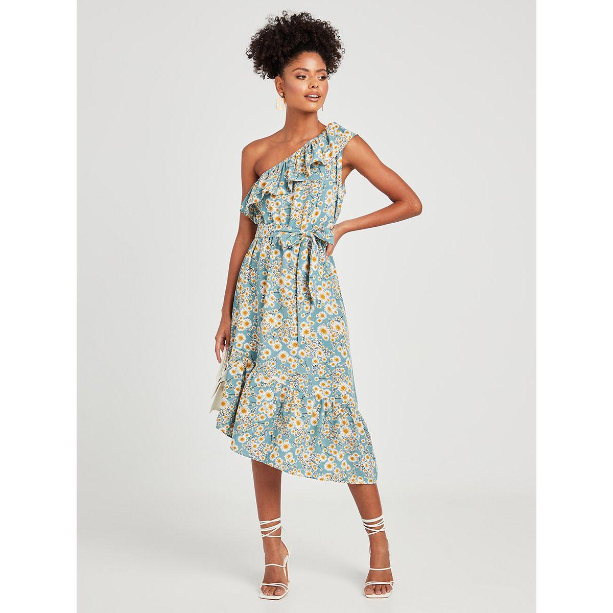 Styli One Shoulder Asymmetric Hem Ditsy Print Midi Dress with Tie Belt-women-clothing-dresses-image-2
