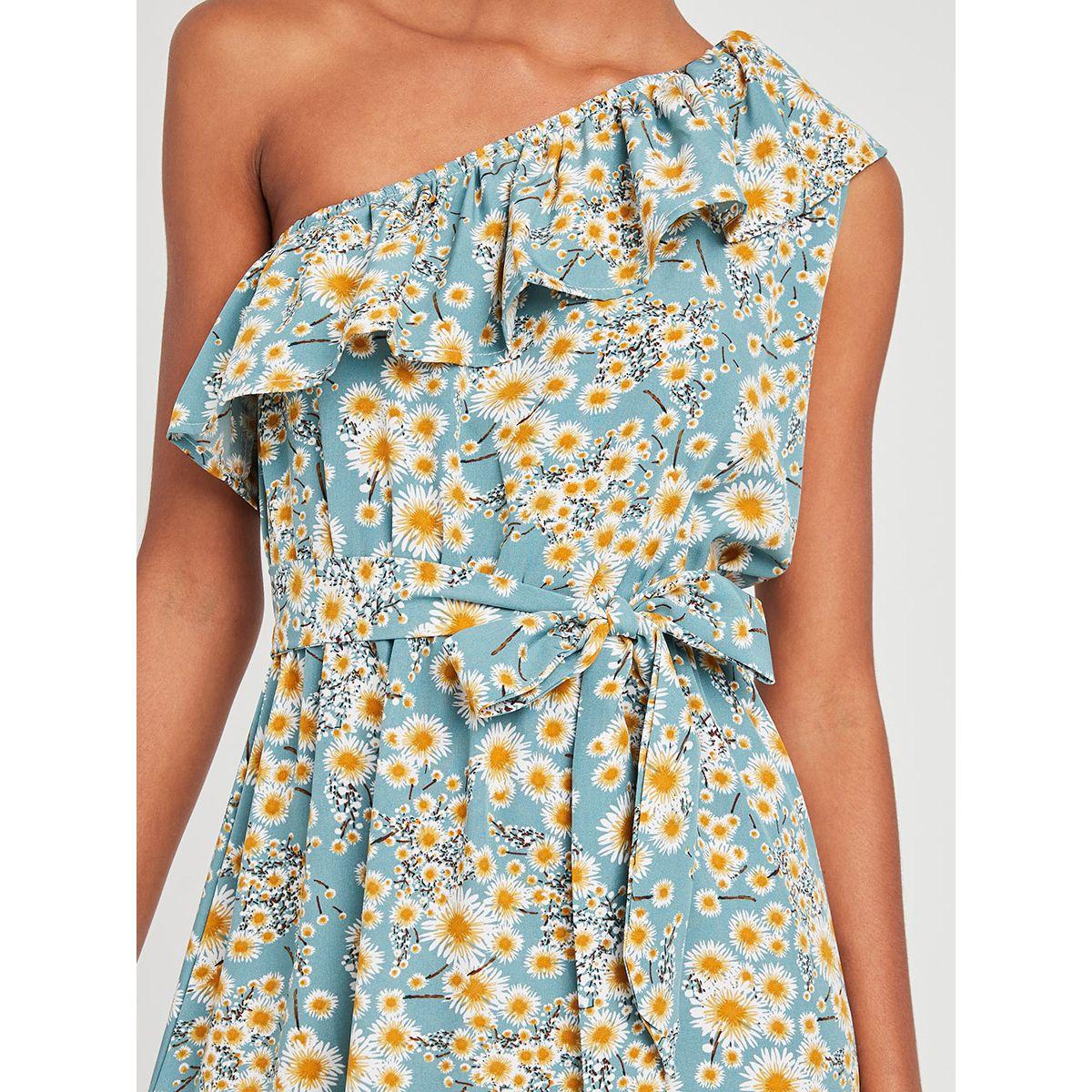 Styli One Shoulder Asymmetric Hem Ditsy Print Midi Dress with Tie Belt-women-clothing-dresses-image-3
