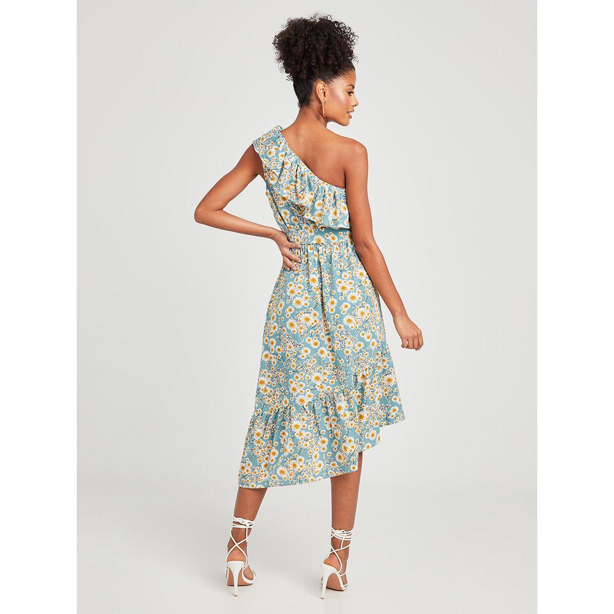 Styli One Shoulder Asymmetric Hem Ditsy Print Midi Dress with Tie Belt-women-clothing-dresses-image-4