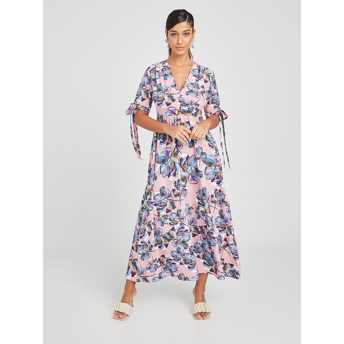 Styli Tie Cuff Short Sleeves Floral Print Woven A-Line Maxi Dress-women-clothing-dresses-image-1