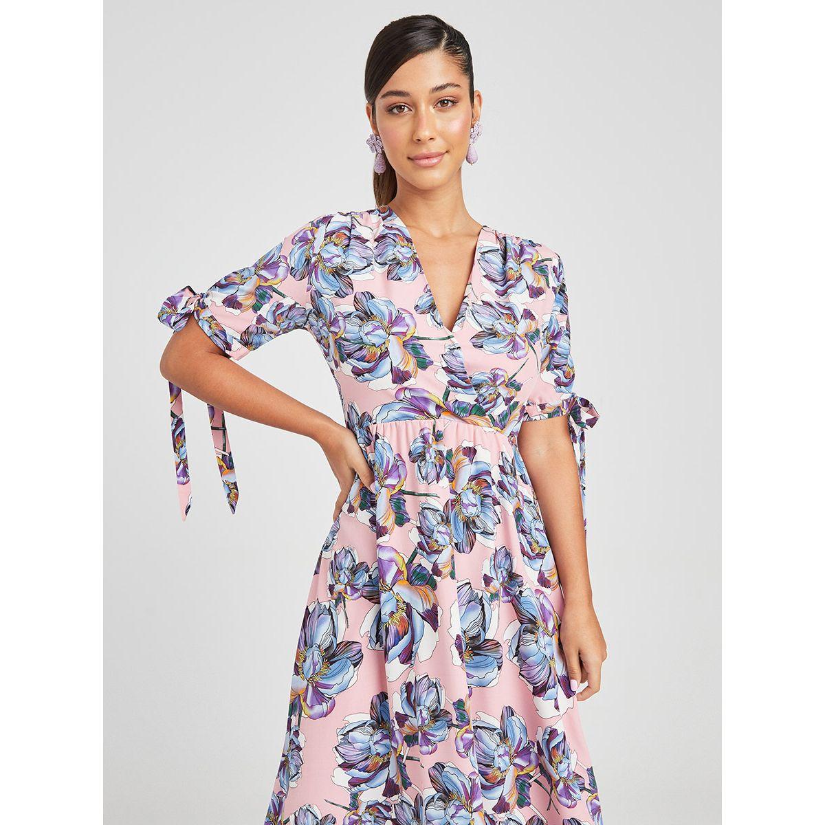 Styli Tie Cuff Short Sleeves Floral Print Woven A-Line Maxi Dress-women-clothing-dresses-image-2