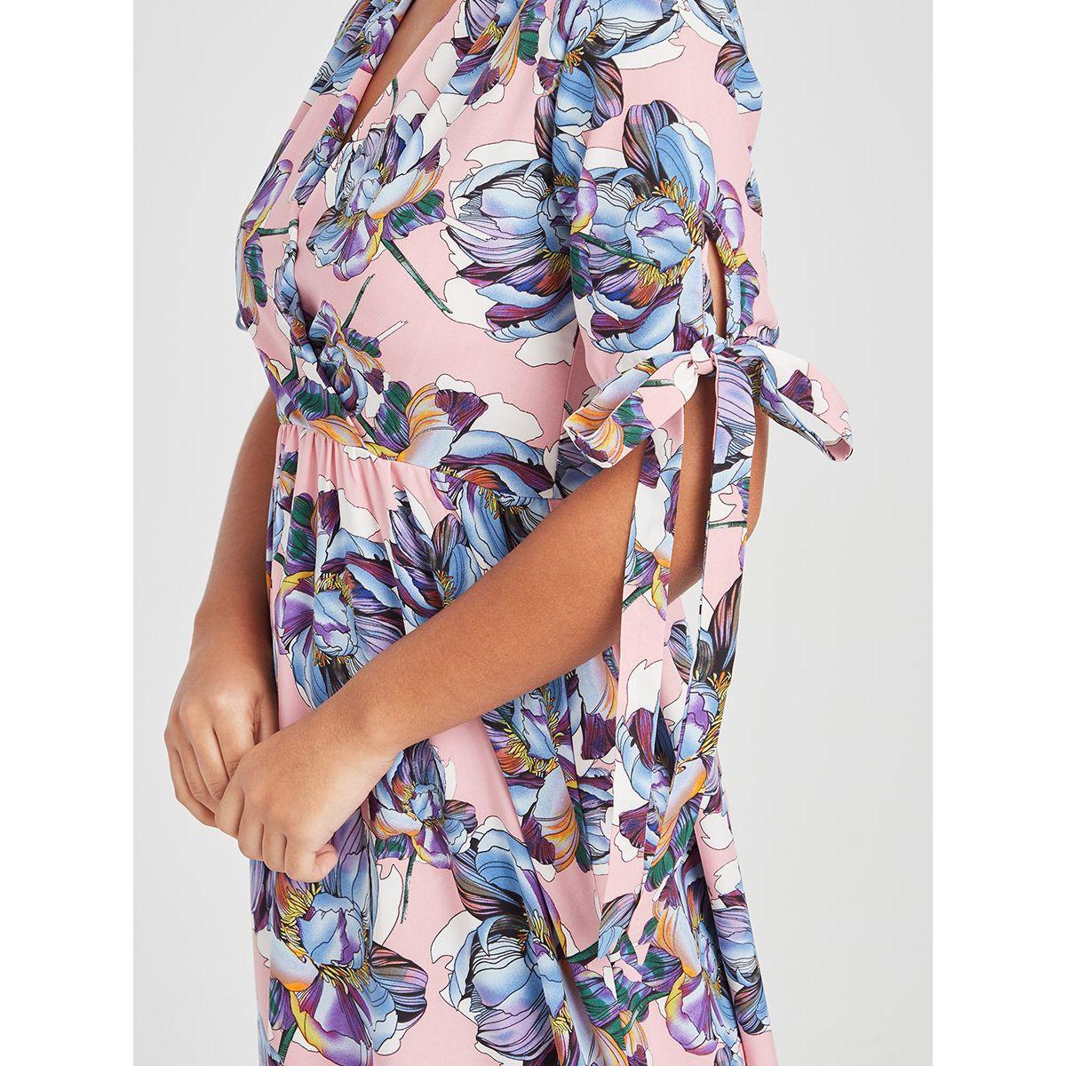 Styli Tie Cuff Short Sleeves Floral Print Woven A-Line Maxi Dress-women-clothing-dresses-image-3
