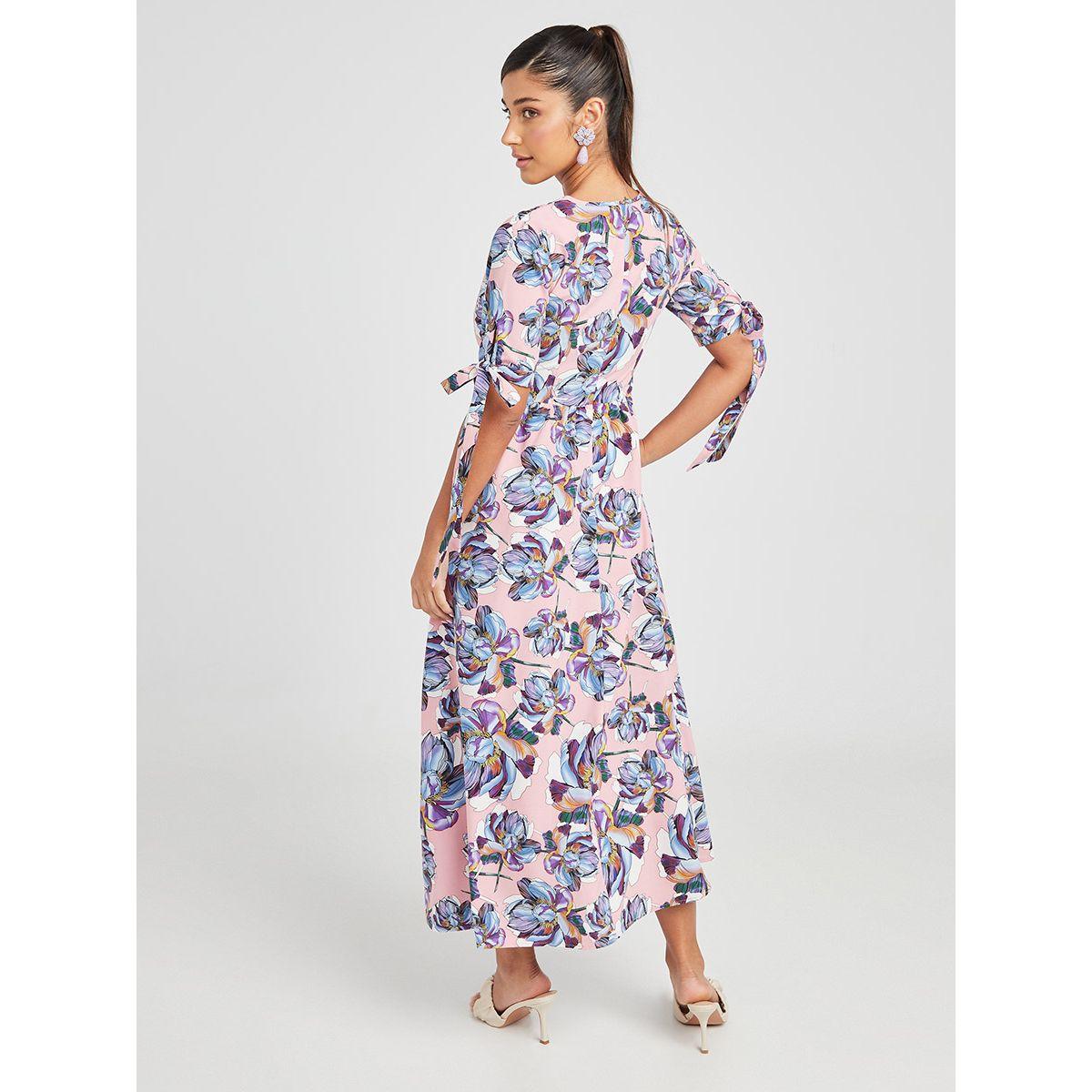 Styli Tie Cuff Short Sleeves Floral Print Woven A-Line Maxi Dress-women-clothing-dresses-image-4