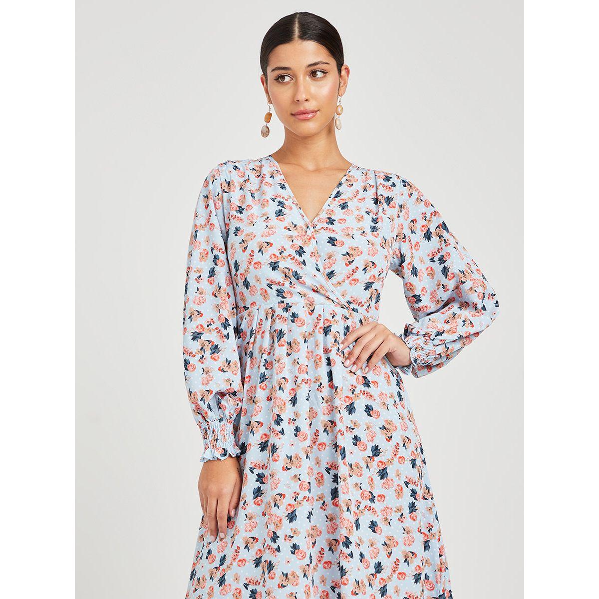 Styli Cuffed Sleeves Floral Print A-Line Maxi Dress with Split Hem-women-clothing-dresses-image-2