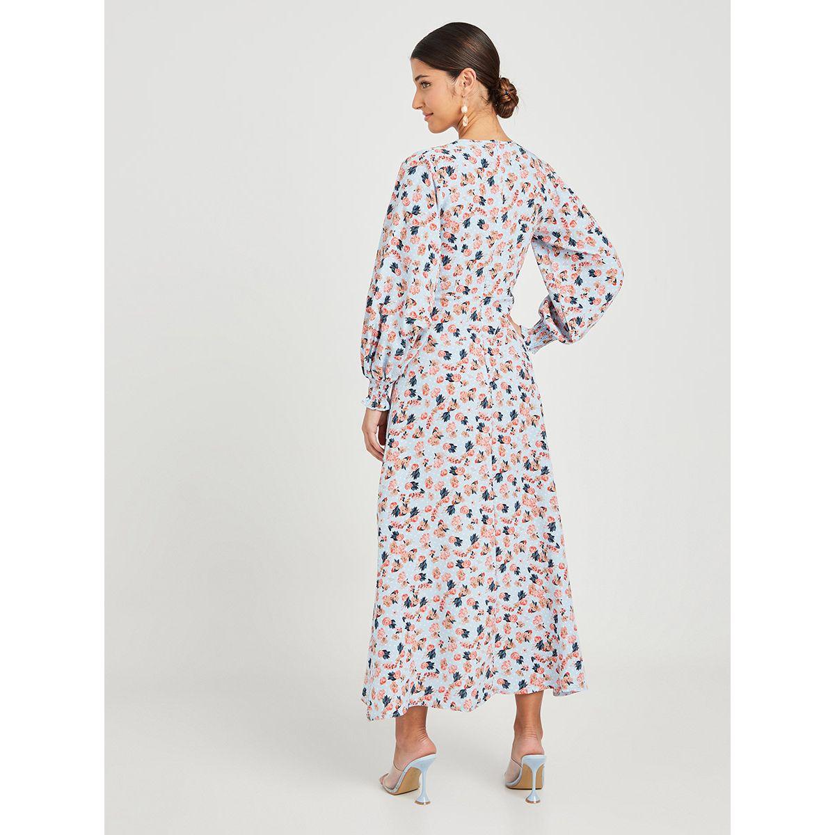 Styli Cuffed Sleeves Floral Print A-Line Maxi Dress with Split Hem-women-clothing-dresses-image-4