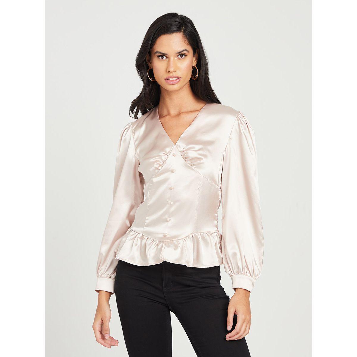 Styli Satin Long Sleeves Woven Top with Corset Bodice Detail-women-clothing-shirtsandblouses-blouses-image-1