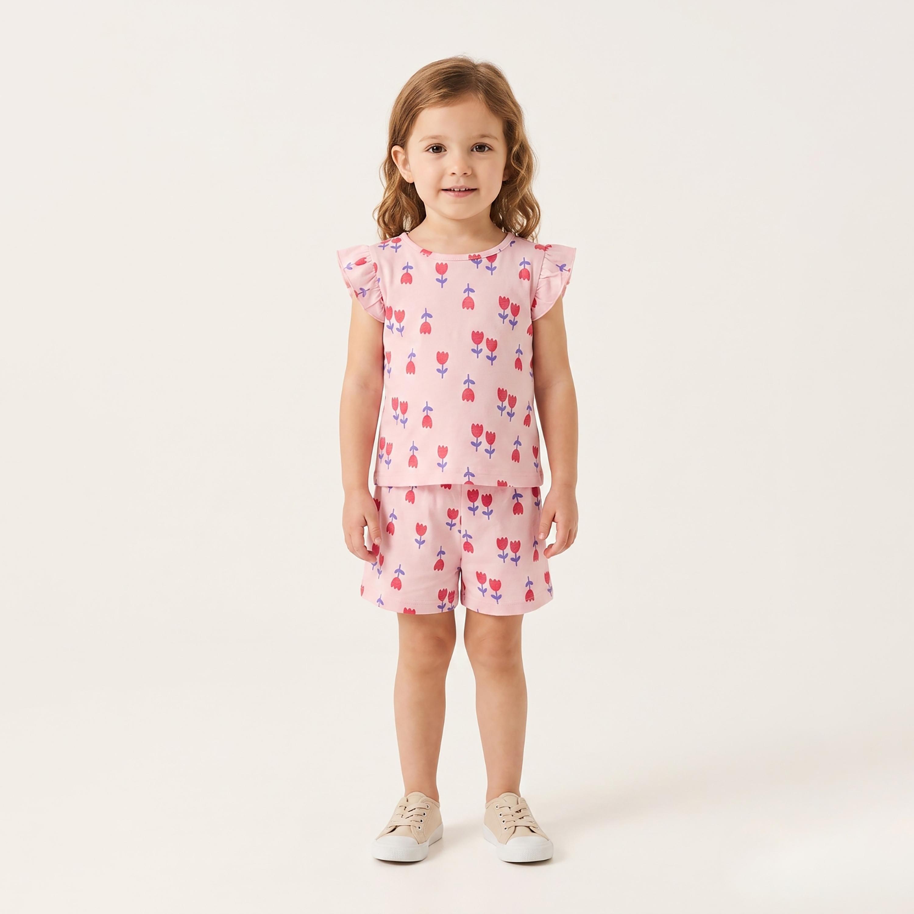 طقم بلوزة بأكمام مكشكشة وشورت بطبعة زهور التوليب من بيبي كلو-baby-girls-clothing-setsandcoords-image-1