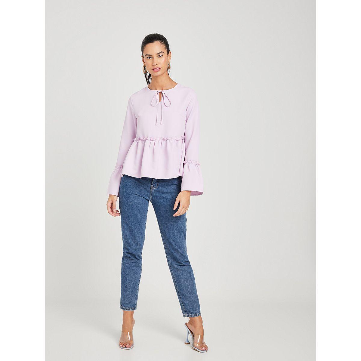 Styli Bell Sleeves Tie-Up Neck Woven Peplum Top-women-clothing-shirtsandblouses-blouses-image-2