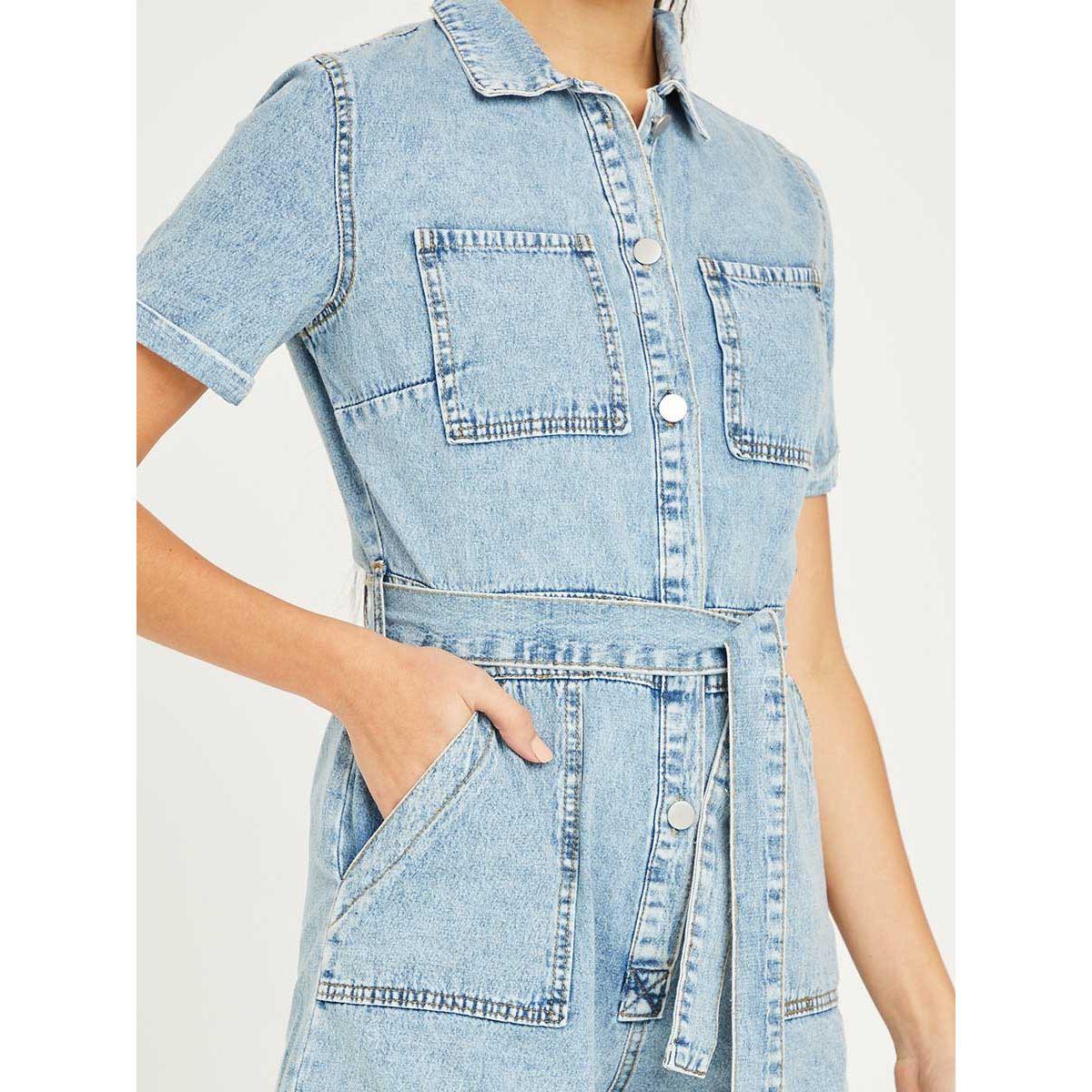 Styli Short Sleeves Button Closure Denim Romper with Tie Belt-women-clothing-jumpsuits-image-3