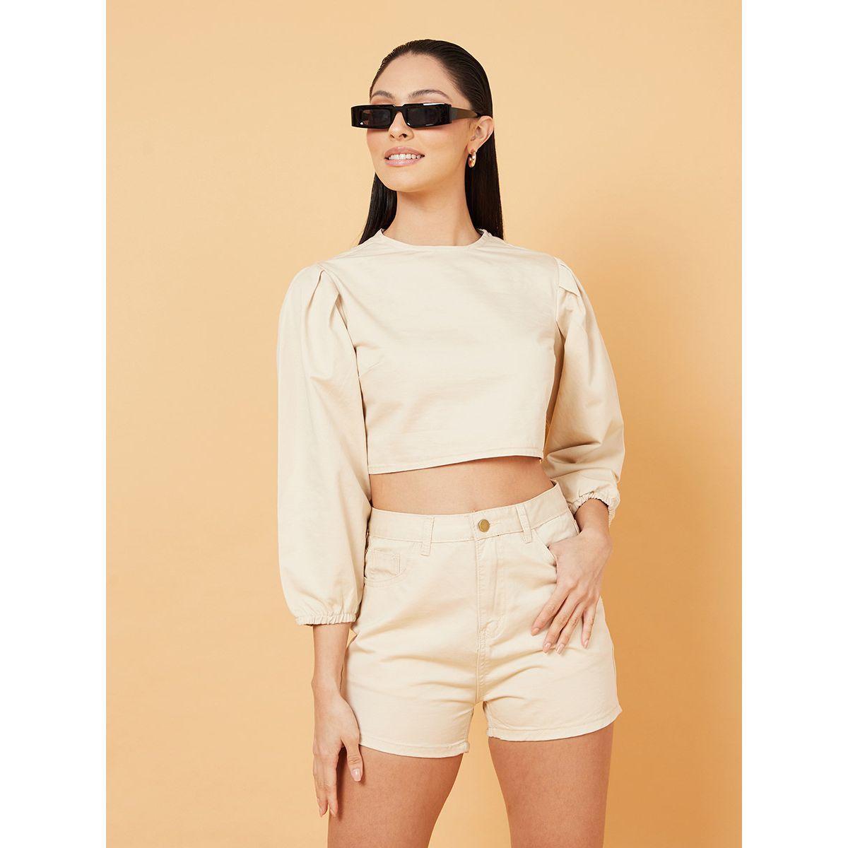 Styli 3/4 Sleeves Woven Crop Top and Denim Shorts Co-Ord Set-women-clothing-coordsets-image-1