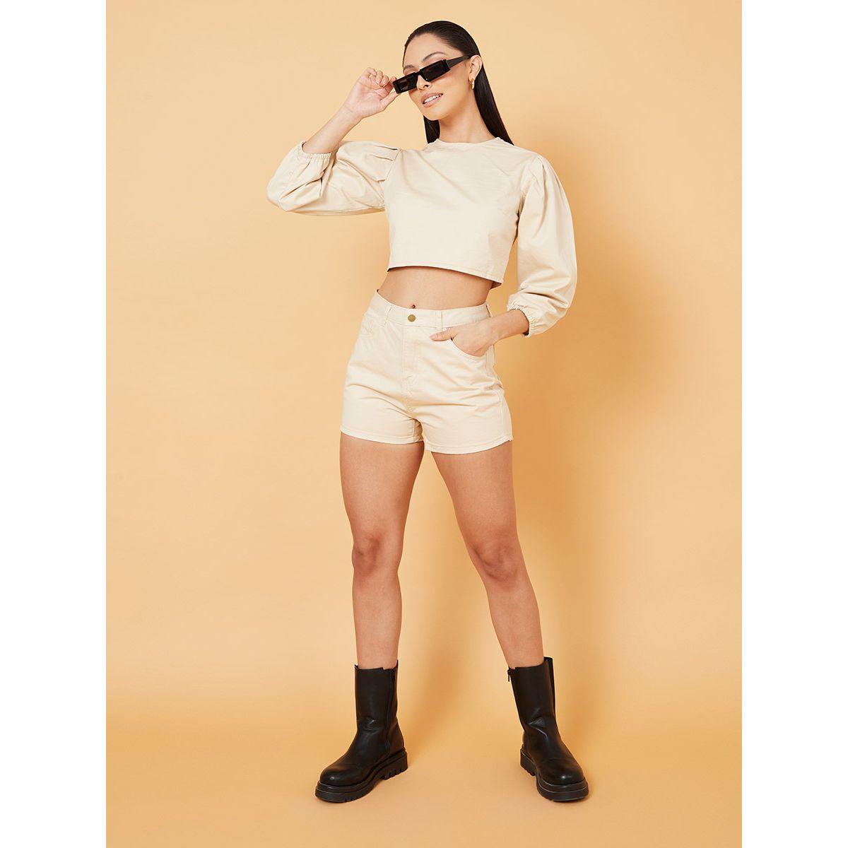 Styli 3/4 Sleeves Woven Crop Top and Denim Shorts Co-Ord Set-women-clothing-coordsets-image-2