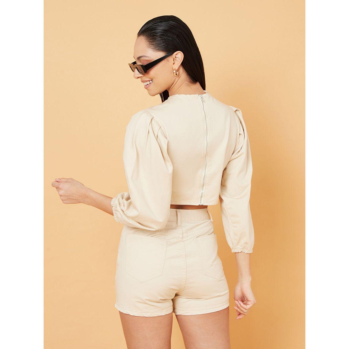 Styli 3/4 Sleeves Woven Crop Top and Denim Shorts Co-Ord Set-women-clothing-coordsets-image-4