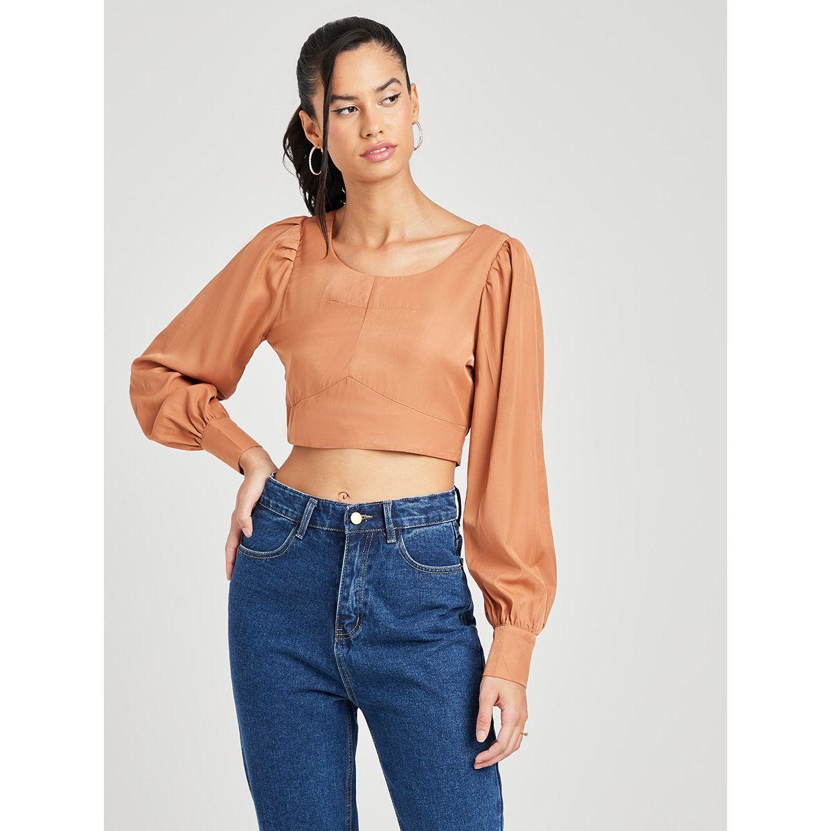 Styli Cuffed Volume Sleeves Scoop Neck Woven Crop Top-women-clothing-shirtsandblouses-blouses-image-1