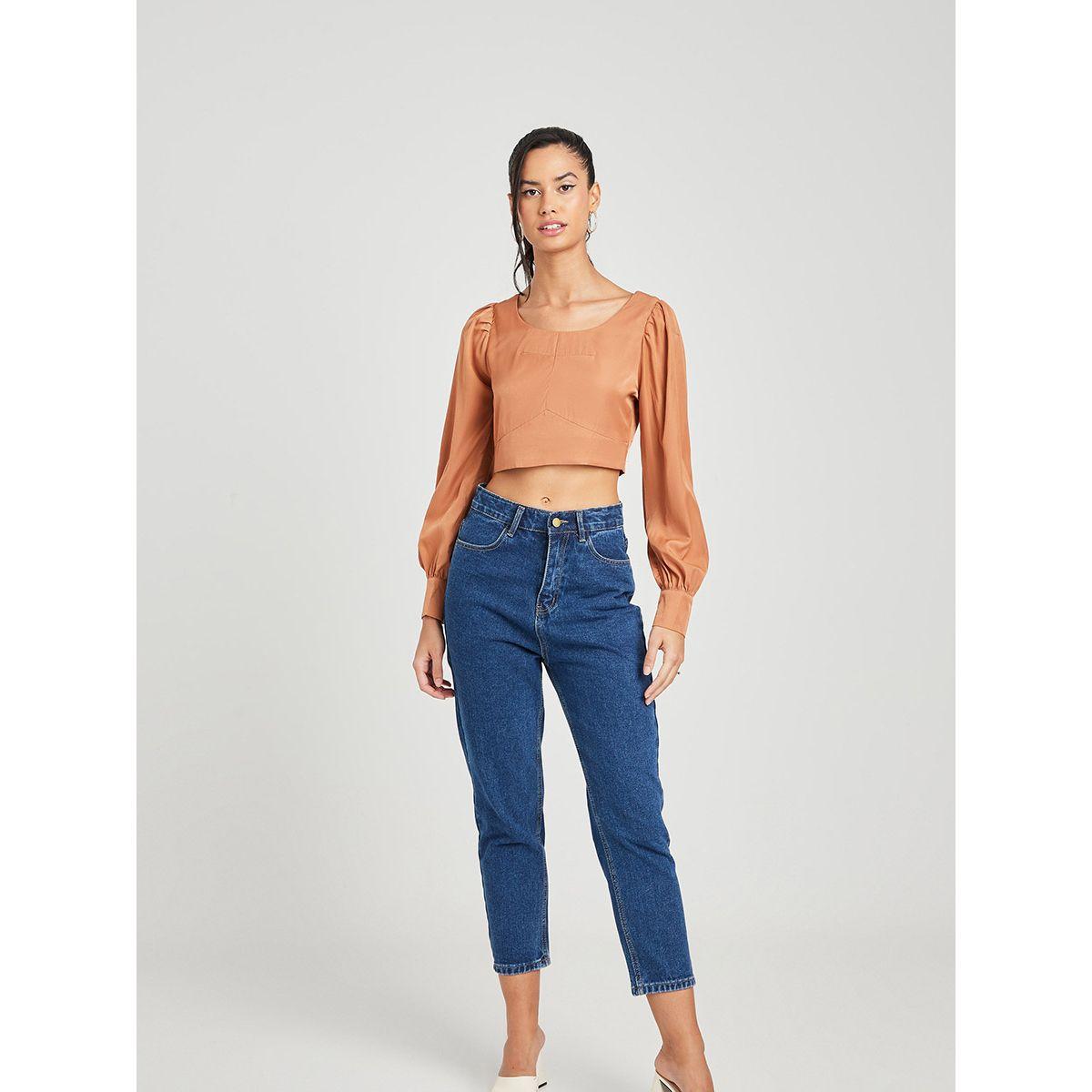Styli Cuffed Volume Sleeves Scoop Neck Woven Crop Top-women-clothing-shirtsandblouses-blouses-image-2