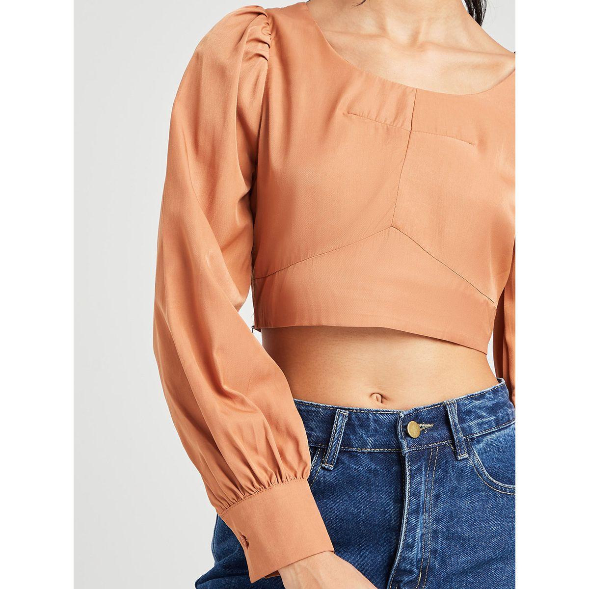 Styli Cuffed Volume Sleeves Scoop Neck Woven Crop Top-women-clothing-shirtsandblouses-blouses-image-3