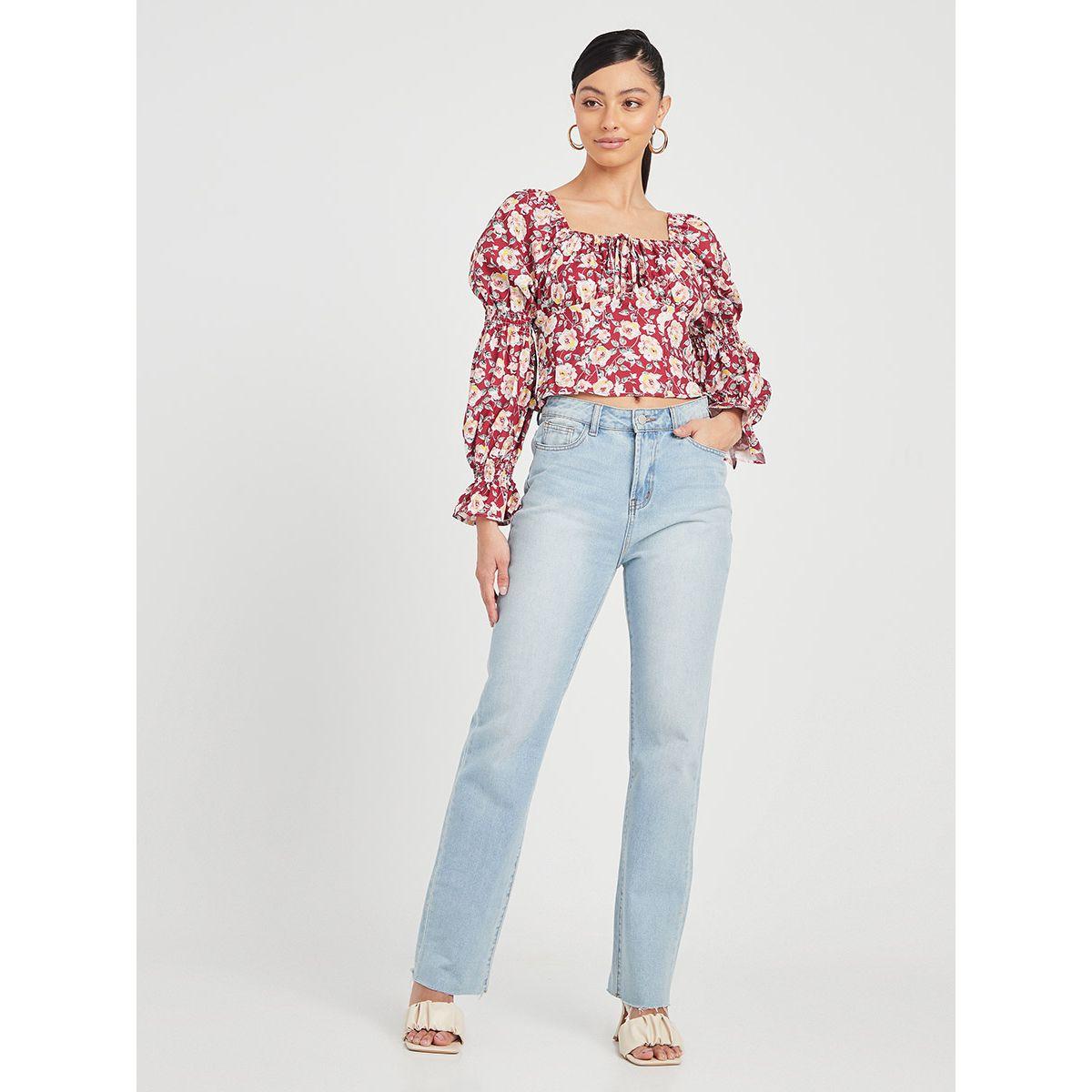 Styli Marie Sleeves Floral Printed Woven Crop Top with Shirred Back-women-clothing-shirtsandblouses-blouses-image-2