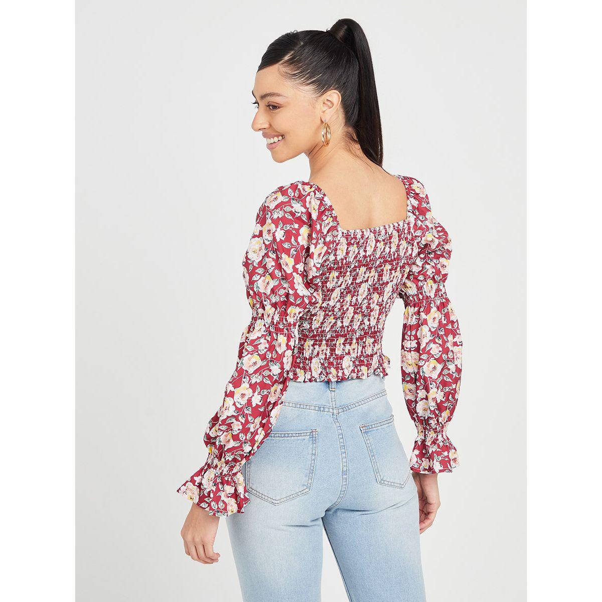 Styli Marie Sleeves Floral Printed Woven Crop Top with Shirred Back-women-clothing-shirtsandblouses-blouses-image-4