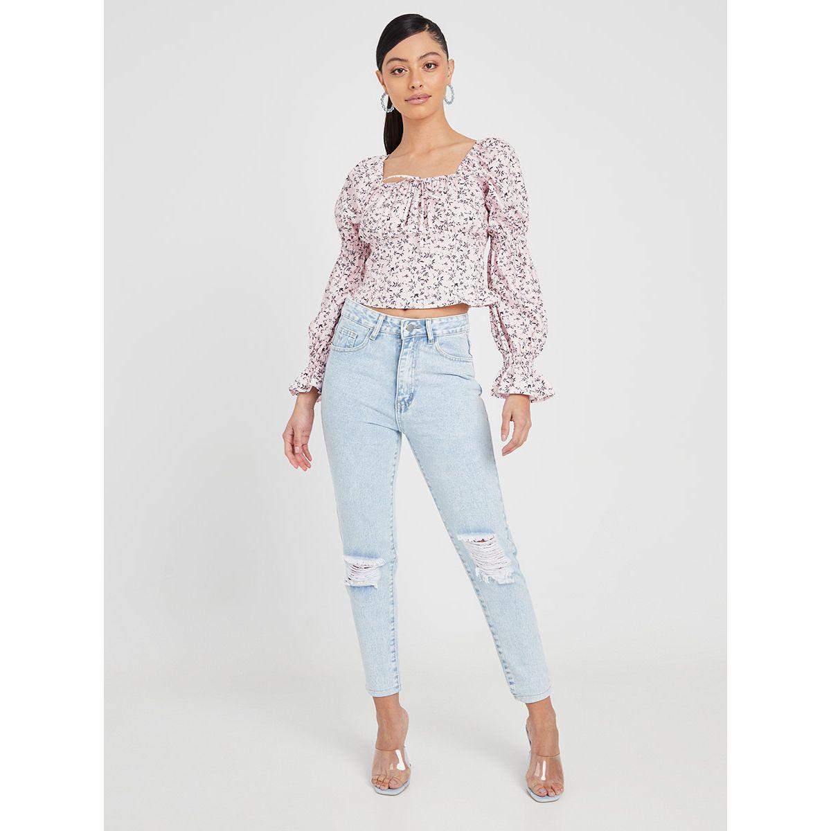 Styli Marie Sleeves Floral Printed Woven Crop Top with Shirred Back-women-clothing-shirtsandblouses-blouses-image-2