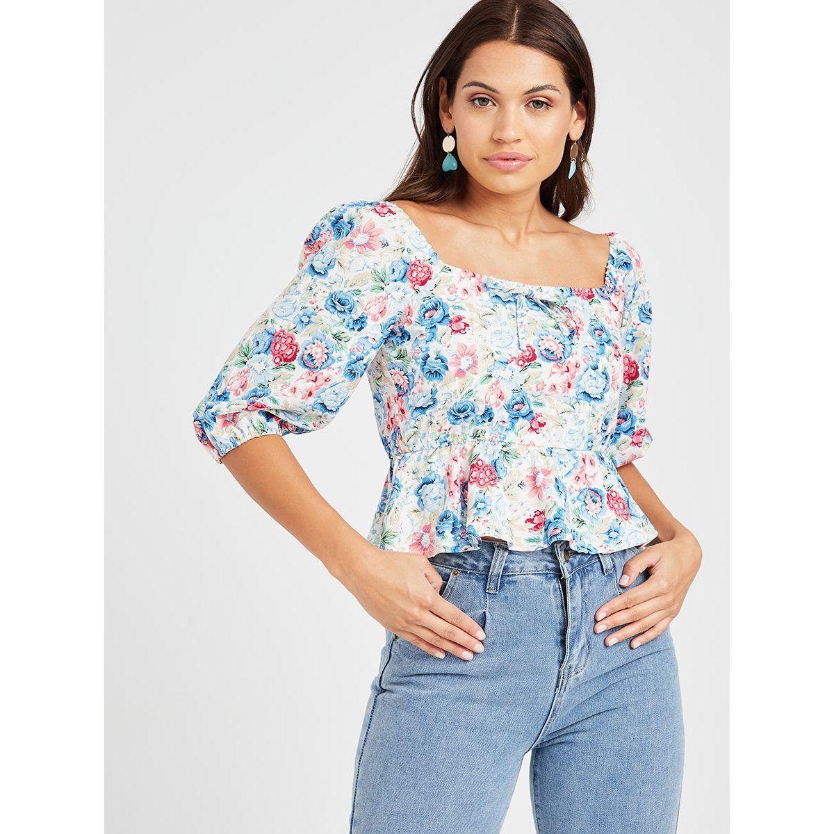 Styli Puff Sleeves Floral Print Milkmaid Style Woven Top-women-clothing-shirtsandblouses-blouses-image-1