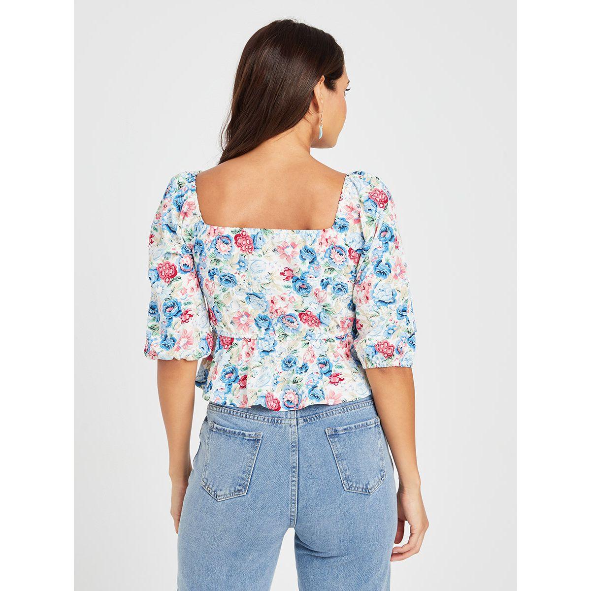 Styli Puff Sleeves Floral Print Milkmaid Style Woven Top-women-clothing-shirtsandblouses-blouses-image-4