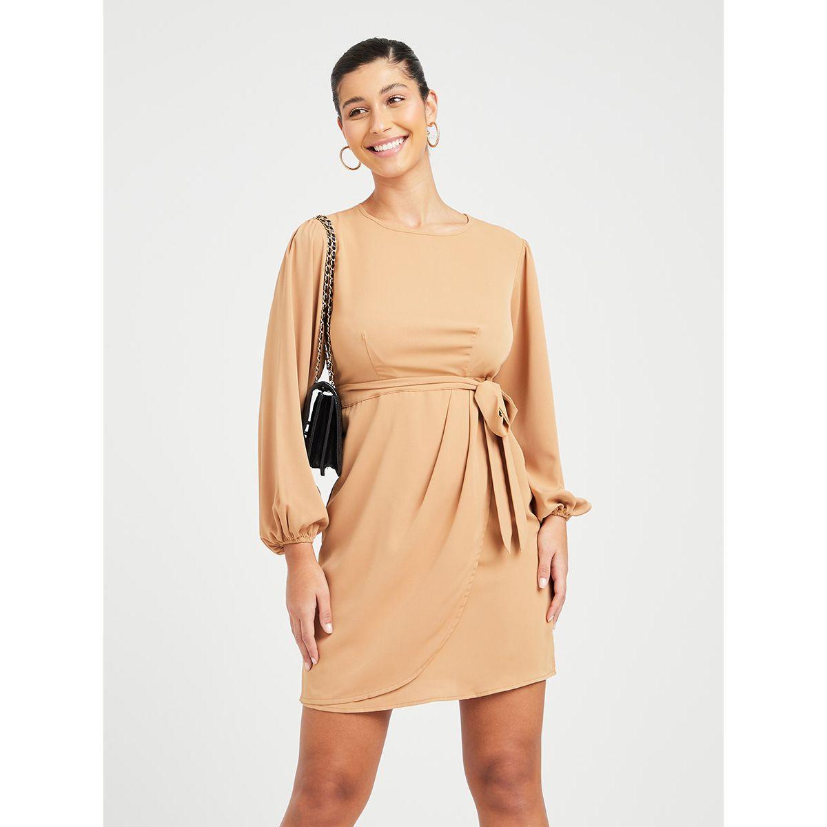 Styli Balloon Sleeves Self Tie Waist Woven Sheath Mini Dress-women-clothing-dresses-image-1