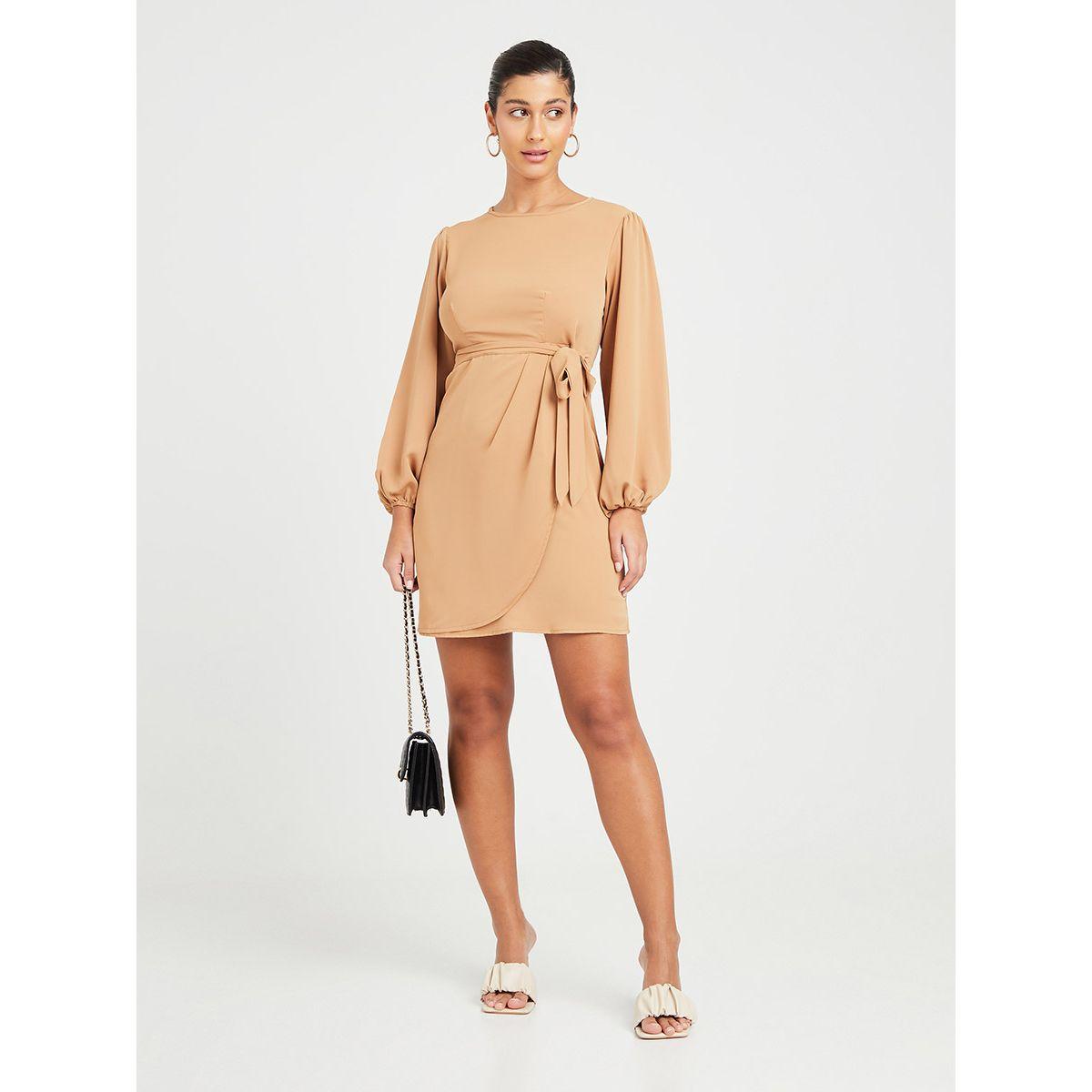 Styli Balloon Sleeves Self Tie Waist Woven Sheath Mini Dress-women-clothing-dresses-image-2