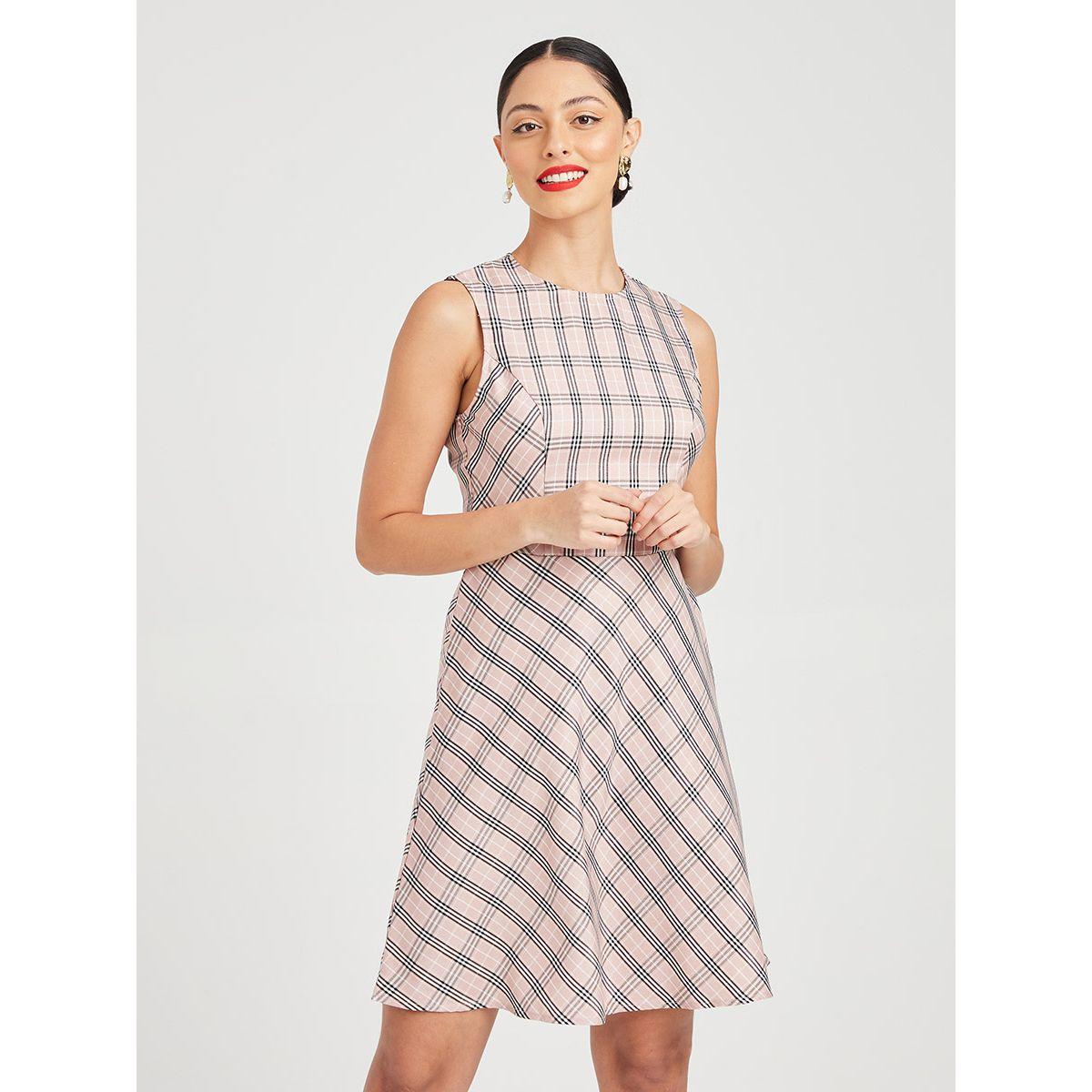 Styli Sleeveless Plaid Checked Woven A-Line Mini Dress with Tie Back-women-clothing-dresses-image-1