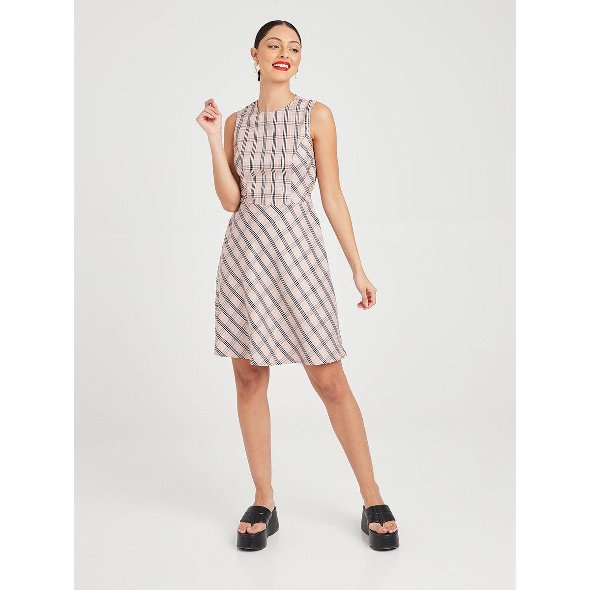 Styli Sleeveless Plaid Checked Woven A-Line Mini Dress with Tie Back-women-clothing-dresses-image-2