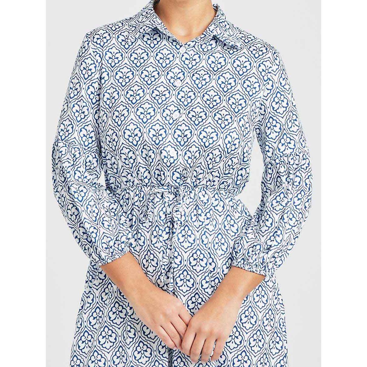 Styli 3/4 Sleeves Print Smock Collared Midi Dress-women-clothing-dresses-image-3