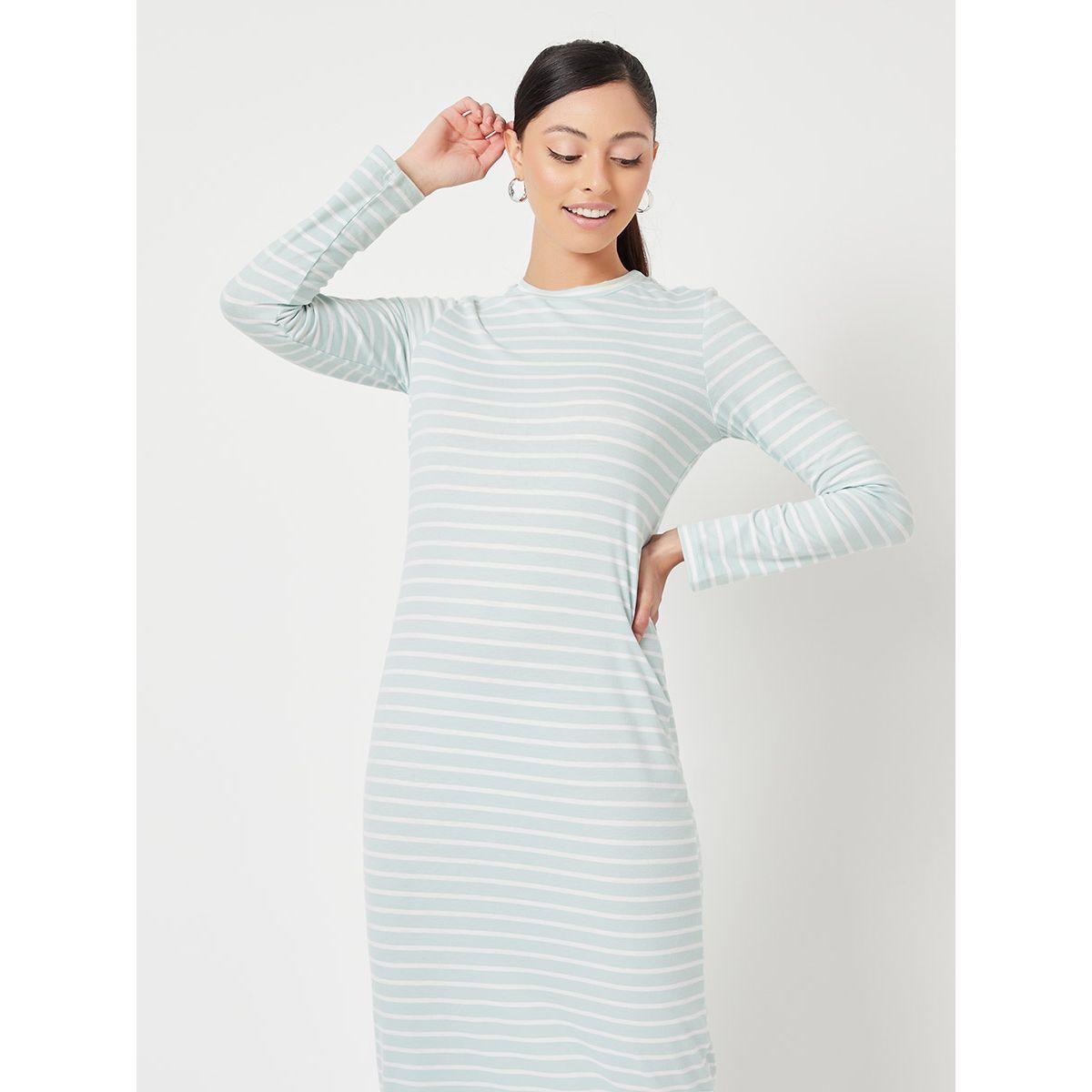 Styli Long Sleeves Striped Knit T-shirt Maxi Dress-women-clothing-dresses-image-2