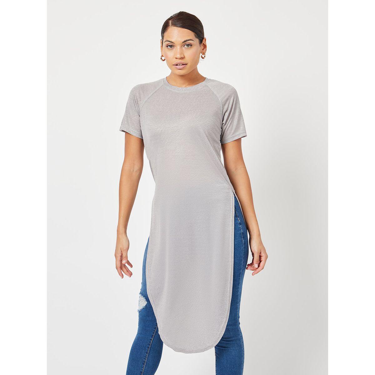 Styli Raglan Sleeves Longline Slub T-shirt with Side Slit Hem-women-clothing-tshirts-image-1