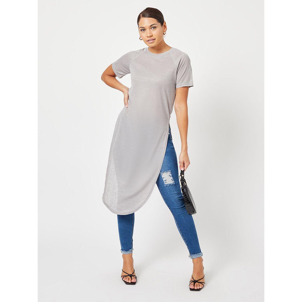 Styli Raglan Sleeves Longline Slub T-shirt with Side Slit Hem-women-clothing-tshirts-image-2